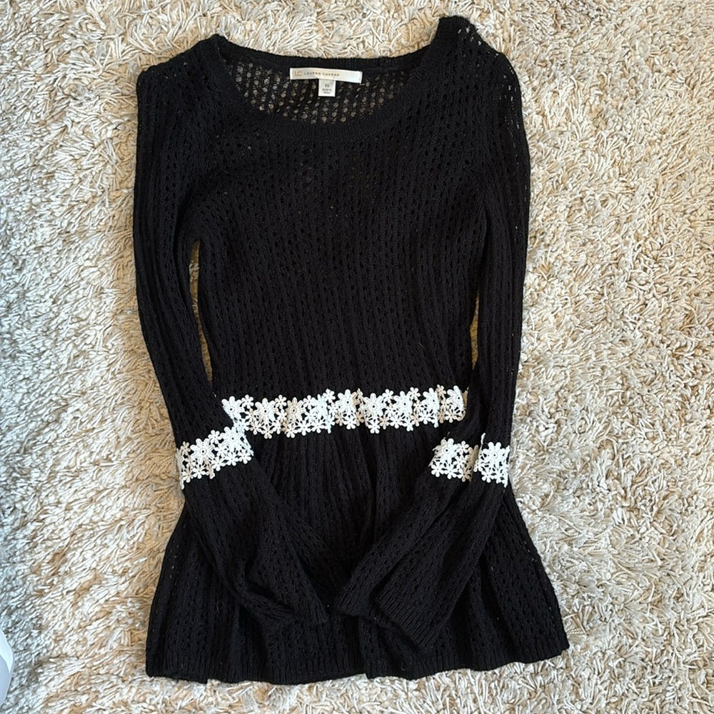 LC Lauren Conrad Black Sweater top with Floral Detail and Bell Sleeves